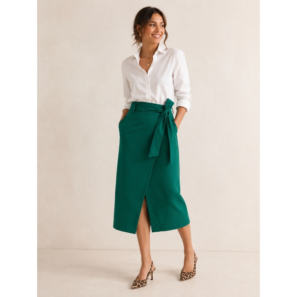 Boden Emerald Green‎ Belted Wrap Midi Skirt US 12 UK 16 Knee Length